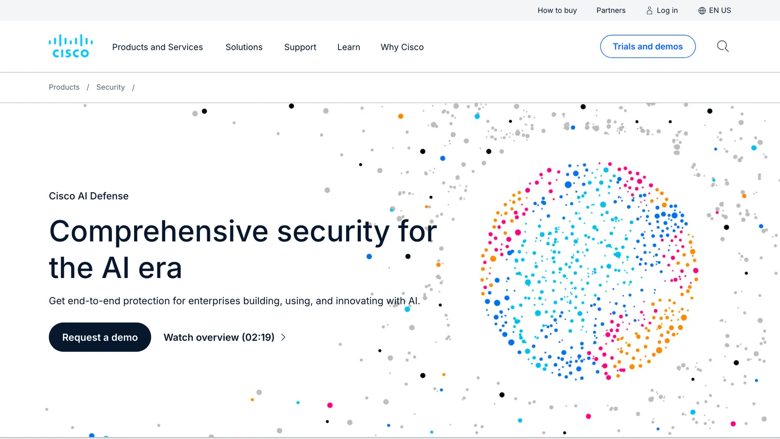 Screenshot of the Cisco AI Defense website, an enterprise AI security platform