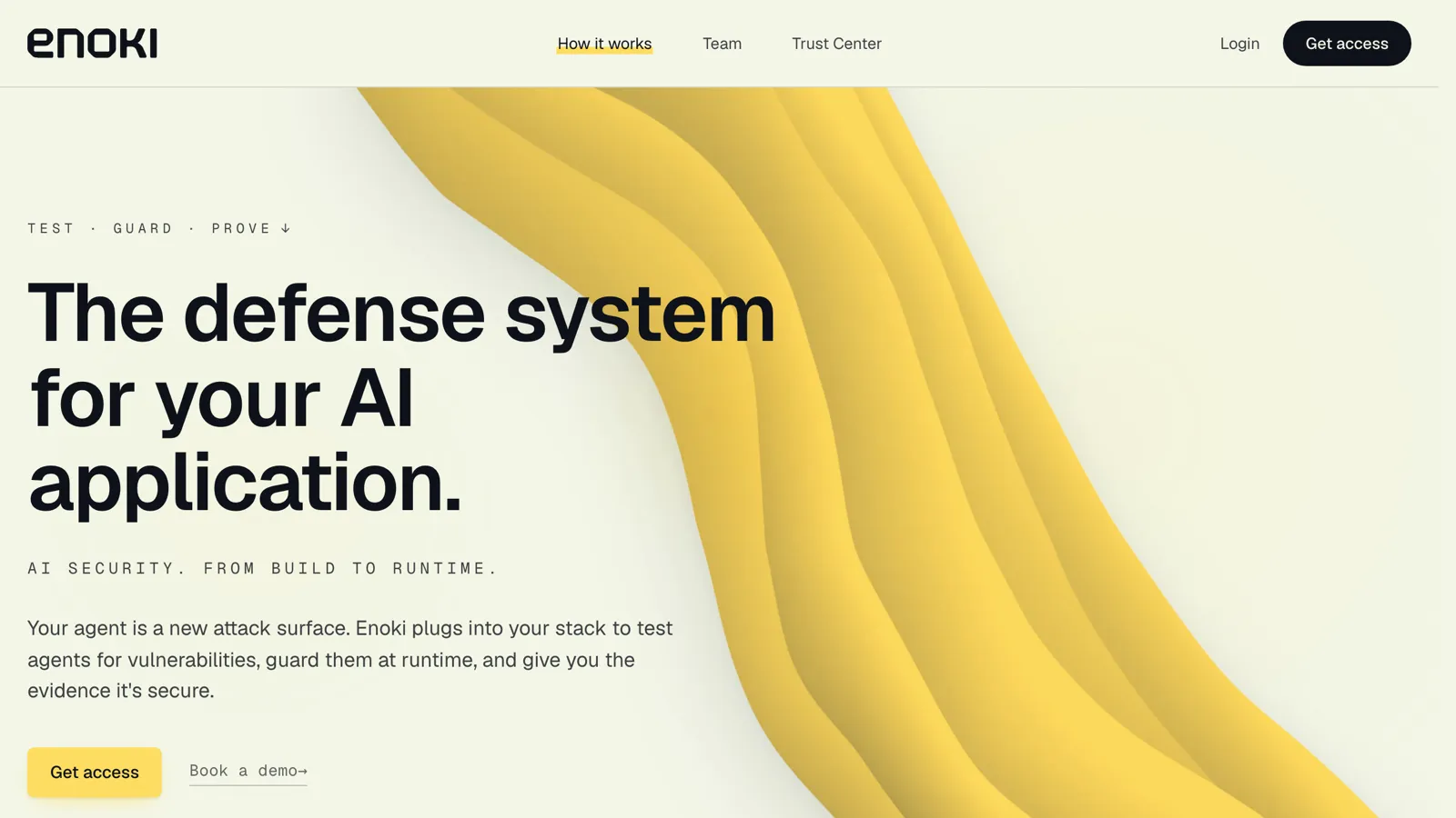Screenshot of the Enoki website, a security testing platform for AI agents