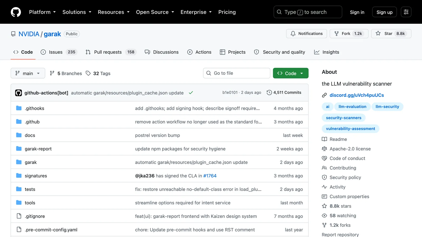 Screenshot of the NVIDIA Garak project page, an open-source LLM probe library