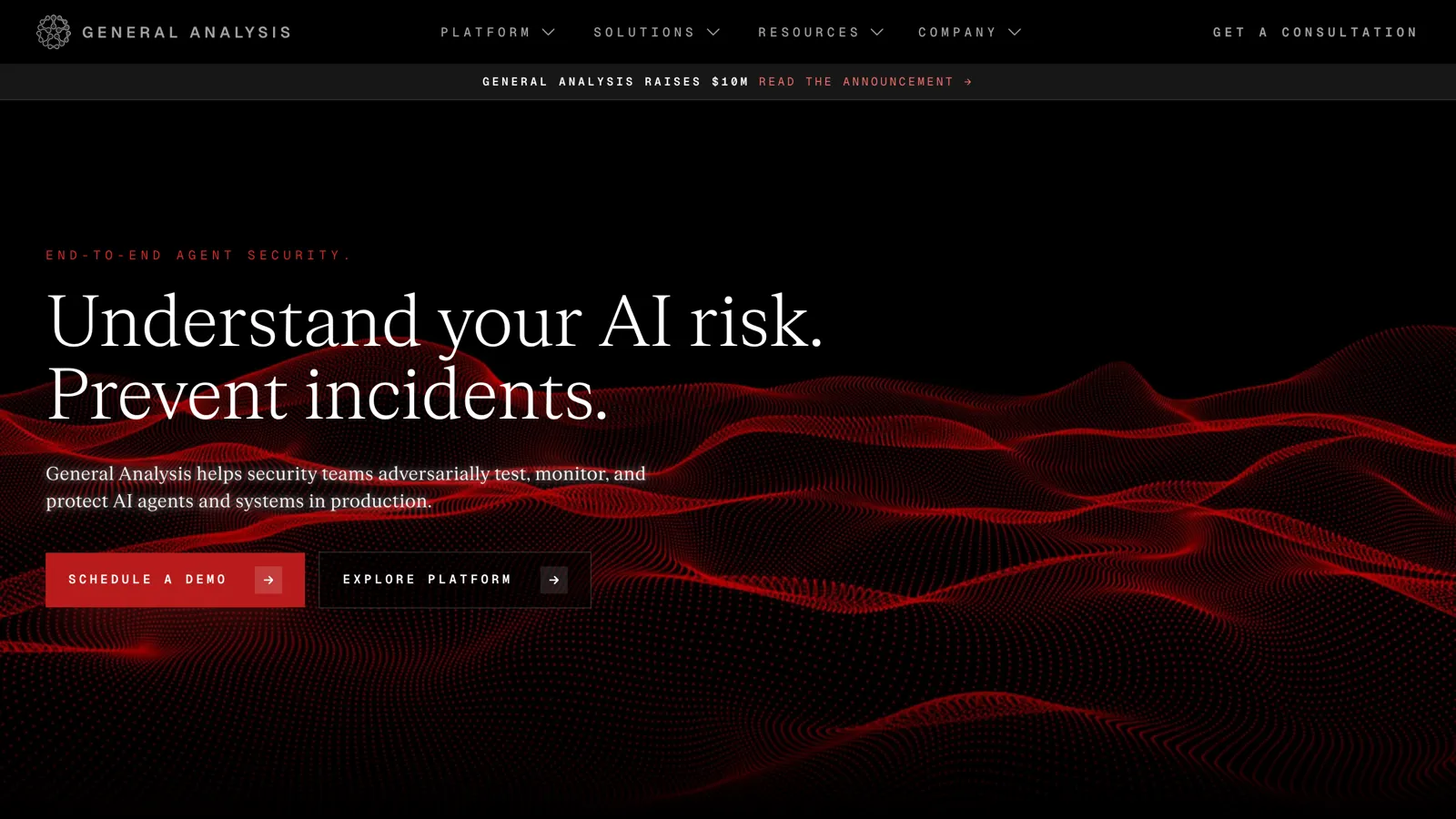 Screenshot of the General Analysis website, an AI agent adversarial testing tool