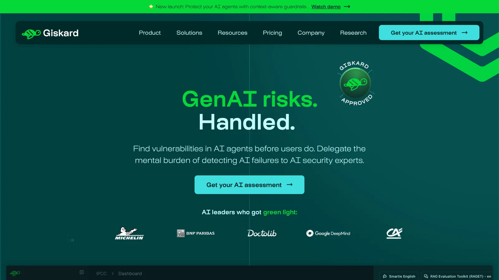 Screenshot of the Giskard website, an open-source AI testing library and platform
