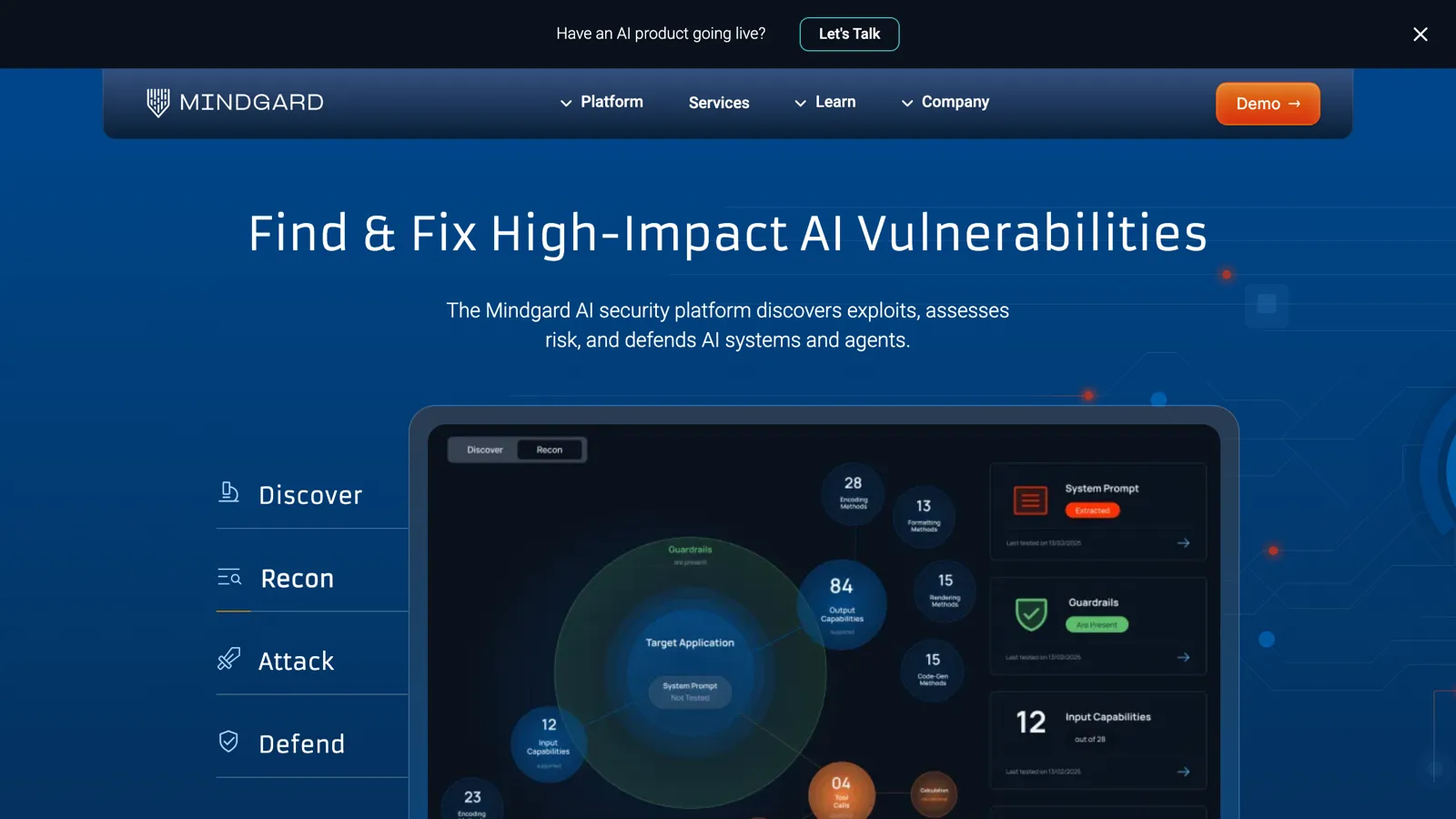 Screenshot of the Mindgard website, an AI agent red teaming platform