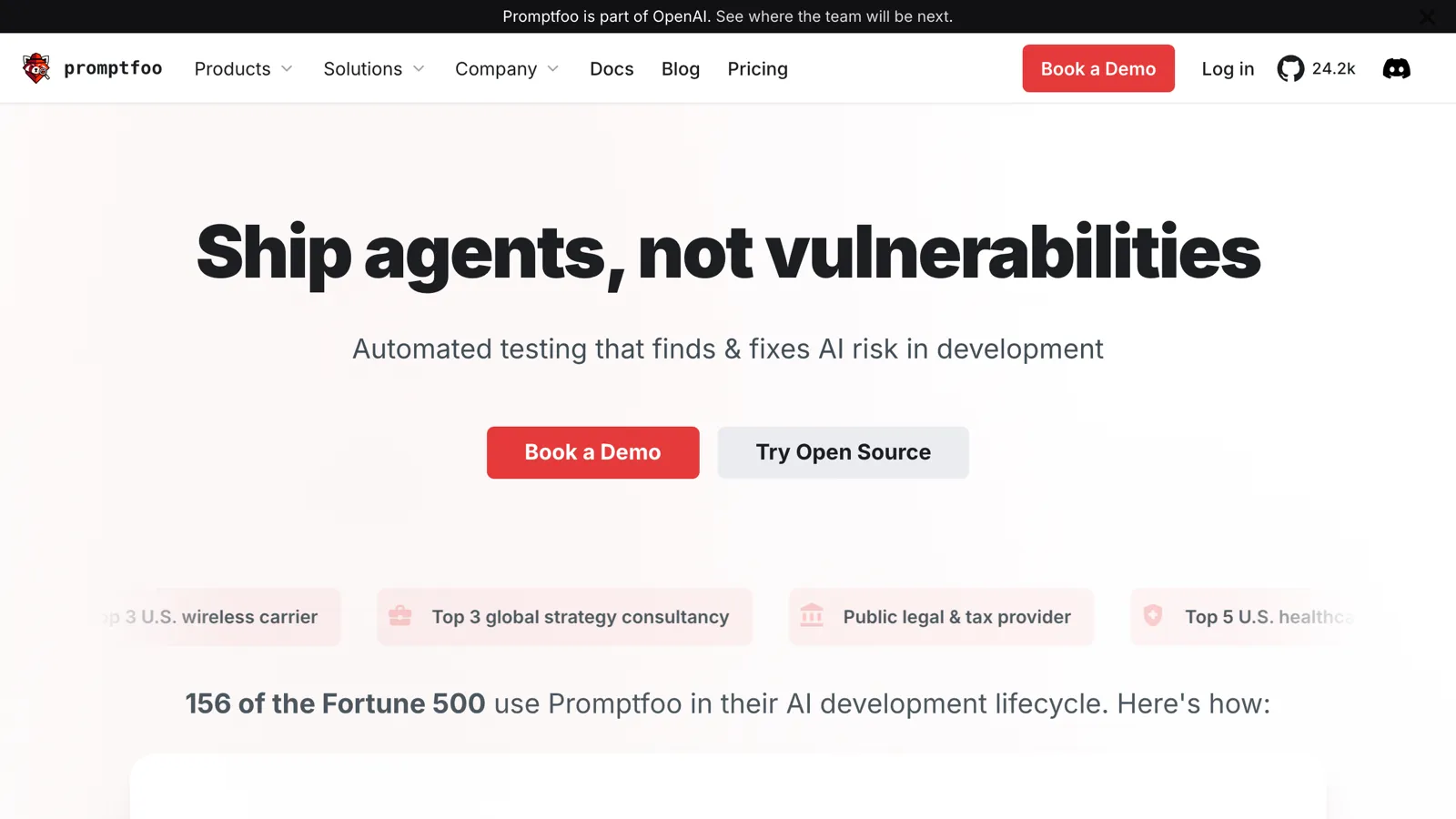 Screenshot of the Promptfoo website, a developer red teaming tool for CI