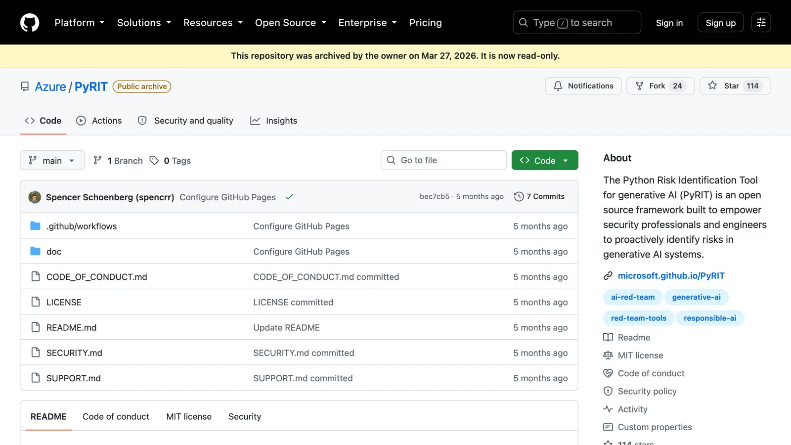 Screenshot of the Microsoft PyRIT project page, an open-source AI red teaming framework